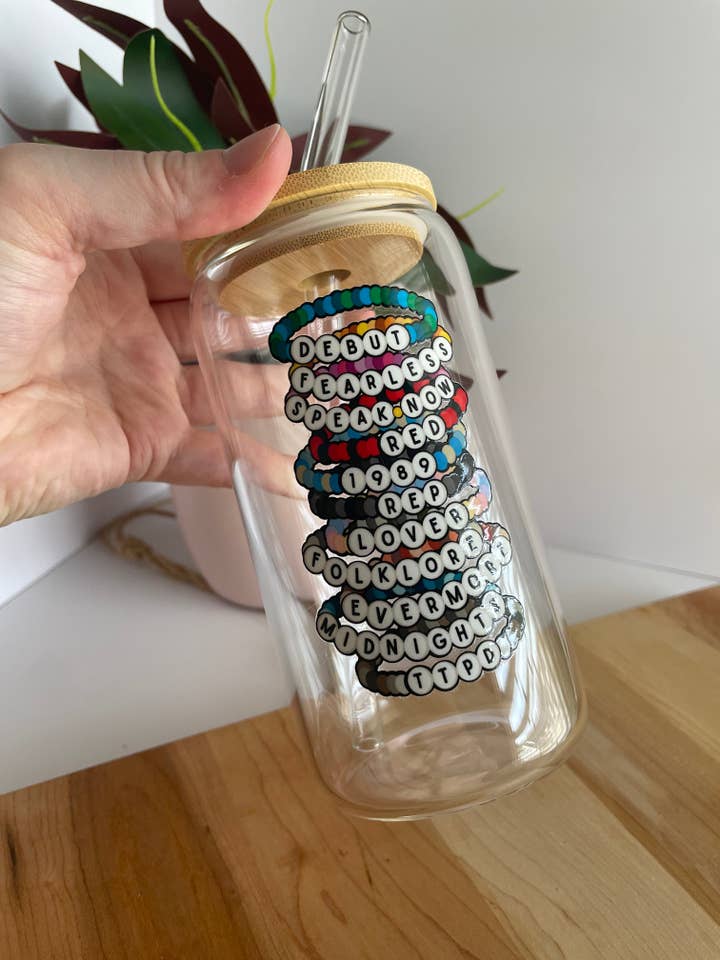 Swiftie Bracelets Glass Cup with Bamboo Lid and Glass Straw for wholesale by DesignedbyKendal