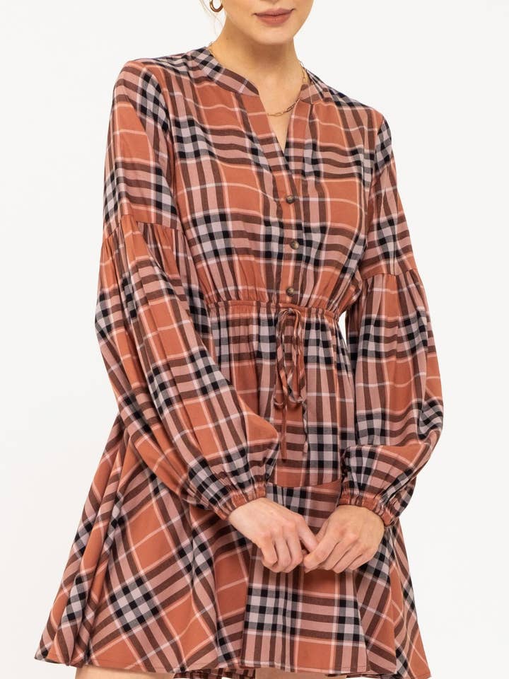 PLAID DRAWSTRING WAIST LONG SLEEVE MINI DRESS for wholesale by MINE