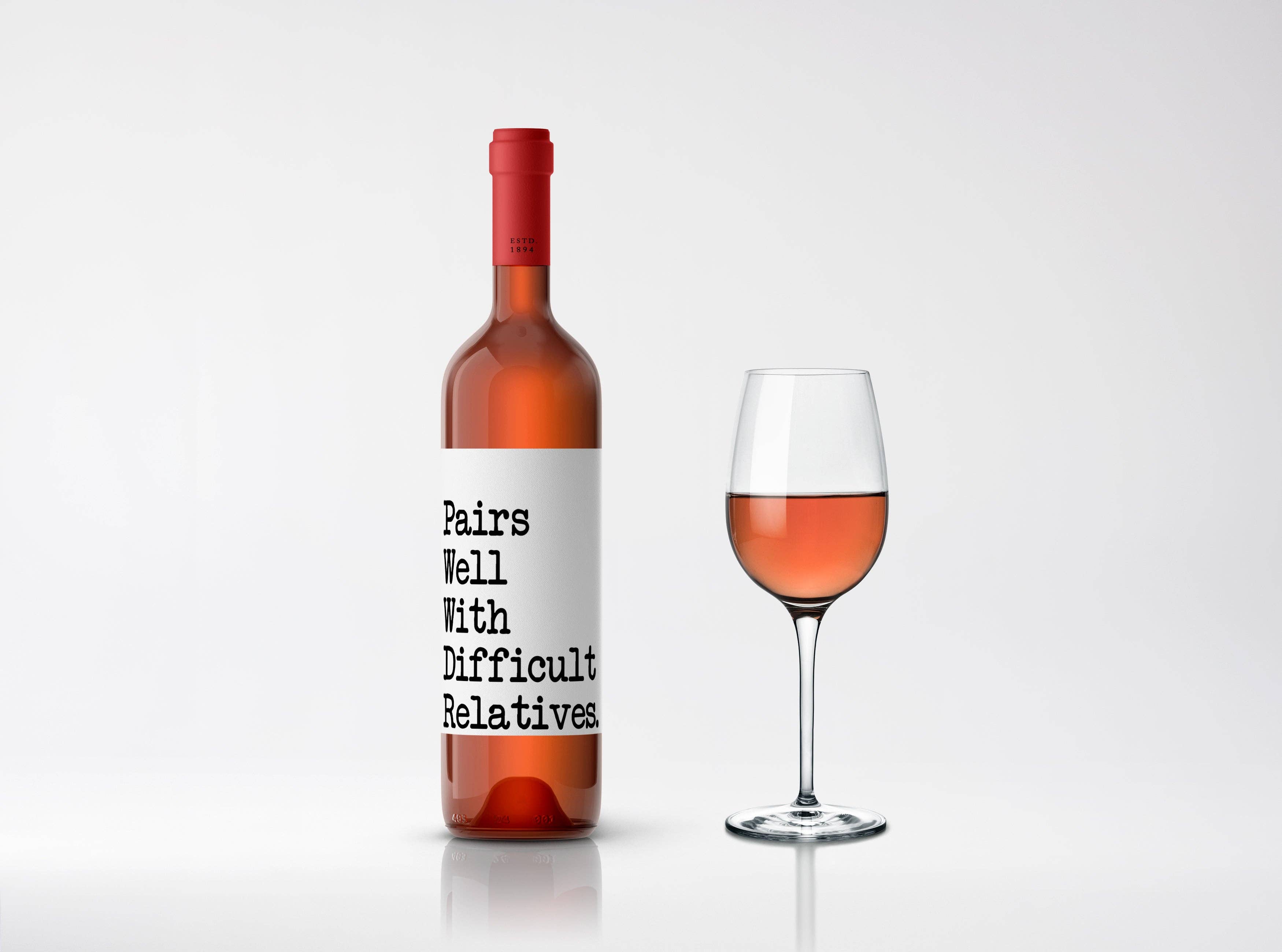 cottage + crown - Wholesale Food/Beverage Label - Wine Label Pairs Well With Difficult Relatives Vinyl Sticker