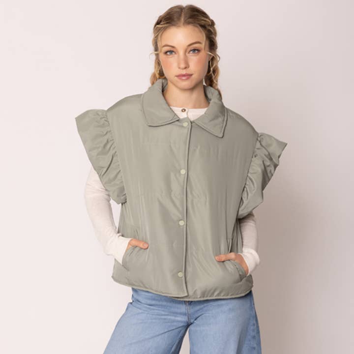 Fashion City - Wholesale Outerwear Vest - Women's - Ruffle Short Sleeve Puffer Padded Vest 9