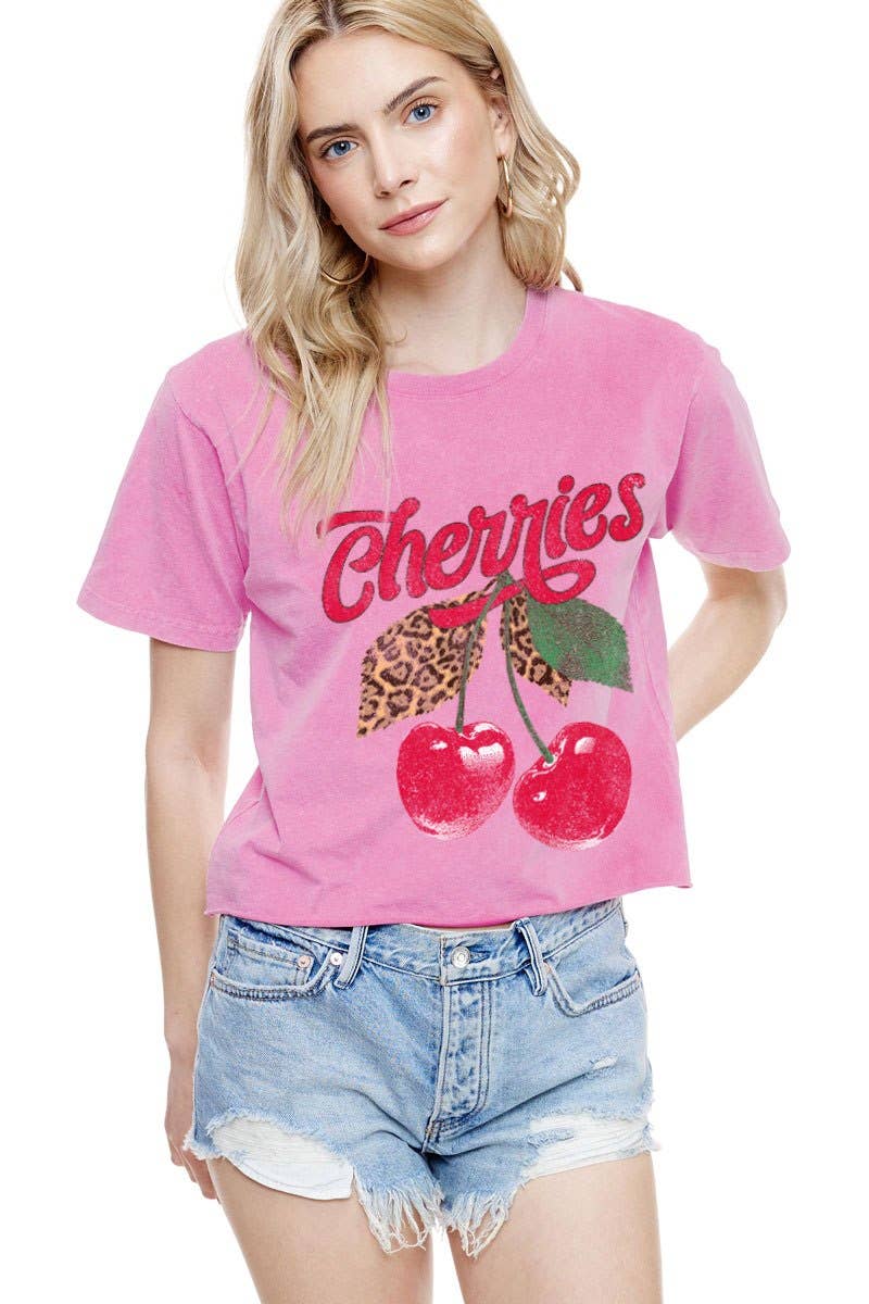 PINK Cherries Graphic S/S Washed Faux Crop Tee for wholesale on Faire
