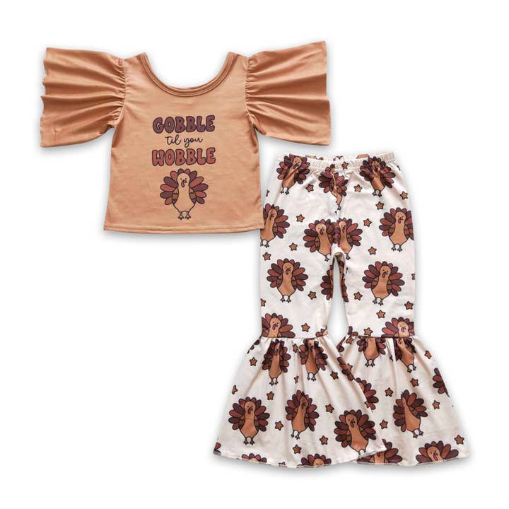 Yawoo Garments - Wholesale Top & Pant Set - Kids - Gooble til you wobble turkey girls Thanksgiving clothes