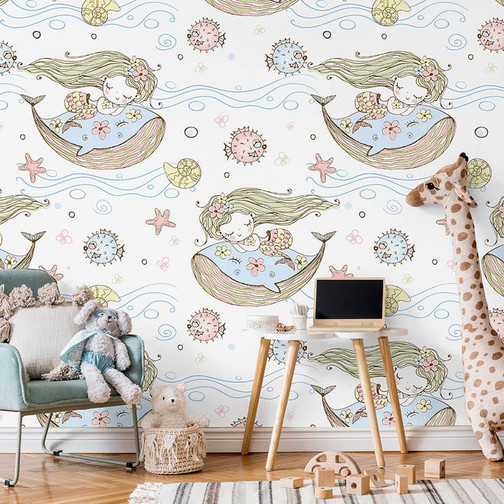 Papier peint de pépinière de sirène, fresque murale sous-marine pour la vente par SimurgWallArts