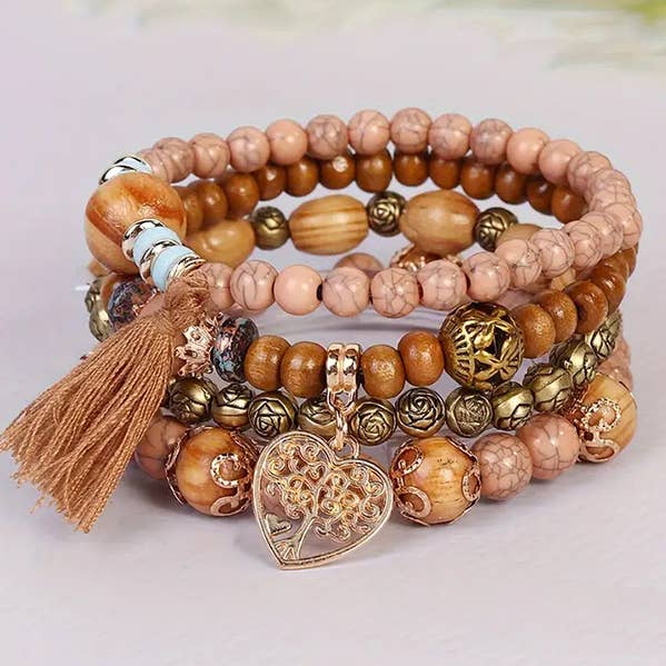 Jewelry Max - Vendita all'ingrosso Braccialetto con ciondolo/pendente - ( P232 ) SET DI 4 BRACCIALETTI ELASTICI CON PERLINE IN PALISSANDRO ALBERO DELLA VITA0