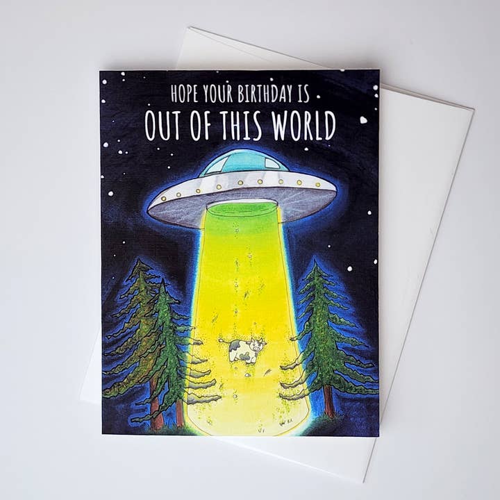 Out of This World Birthday | Alien Abduction Birthday Card for wholesale by Correspondence Paper Company
