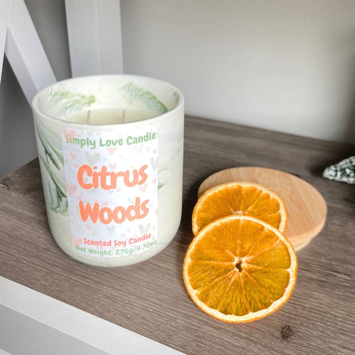 Evergreen + Citrus Soy Candle | Marble Green + White Candle for wholesale by Simply Love Candle