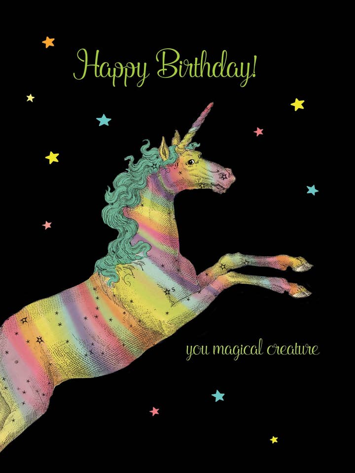 Joyeux anniversaire, créature magique • Carte de vœux 5 x 7 pour la vente par P. Flynn Design / Phun House