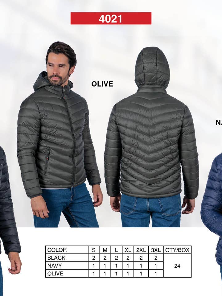 Black Navy Olive Men's Padding Jackets Box of Three Colors for wholesale on Faire
