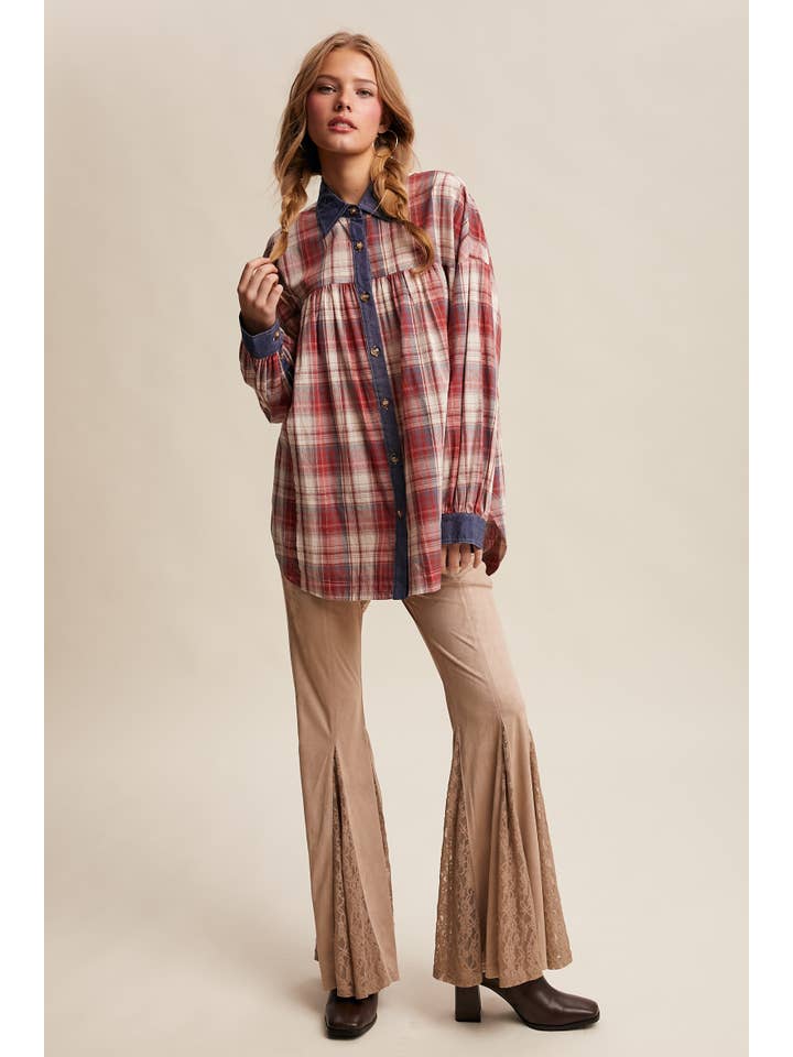 Listicle - Wholesale Button Down Shirt - Women's - Mixed Plaid Oversized Button-Down Shirt LJ020528
