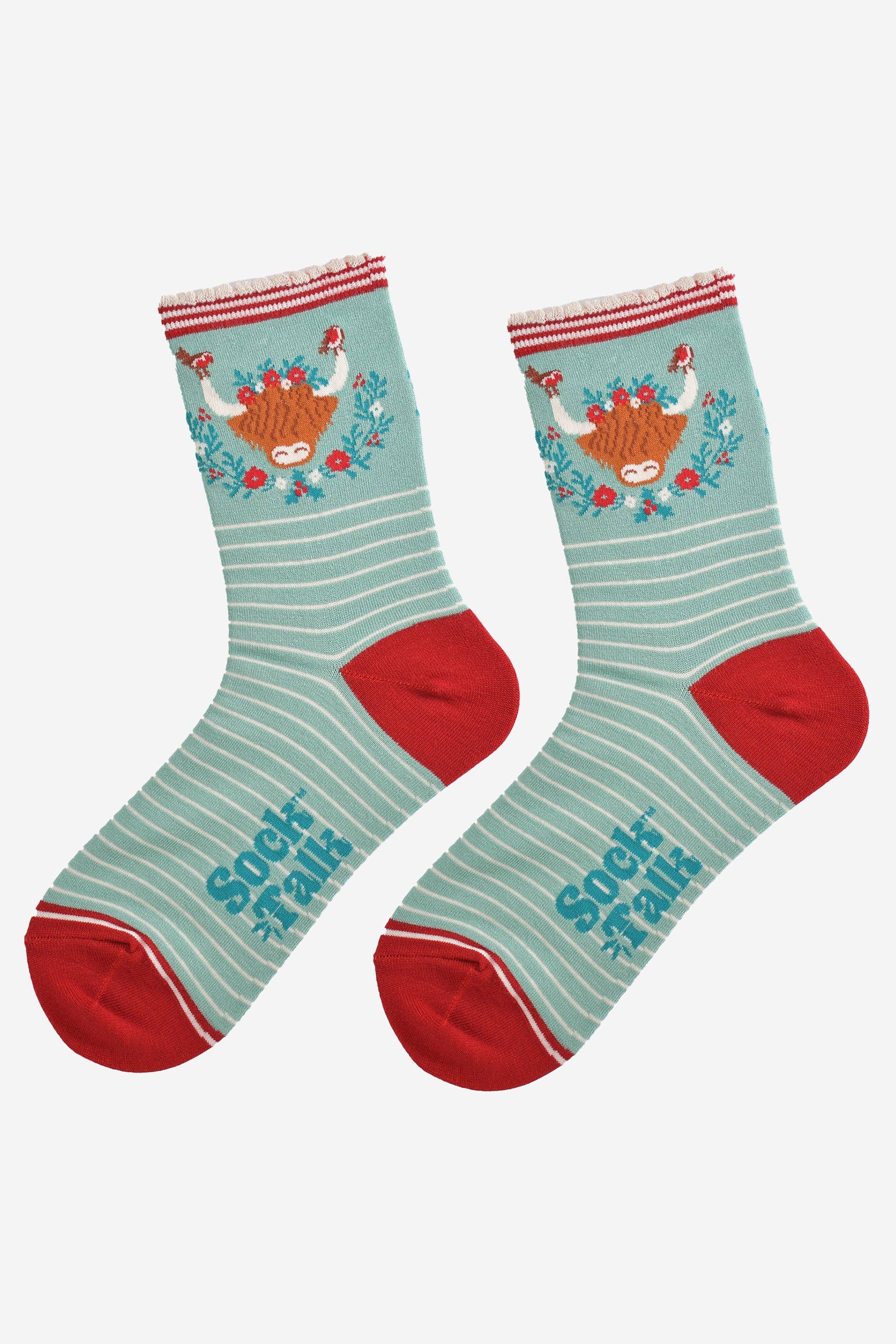 Sock Talk – wholesale Socks – Women's – Women's Bamboo Socks - Green/Red, Christmas Highland Cow1