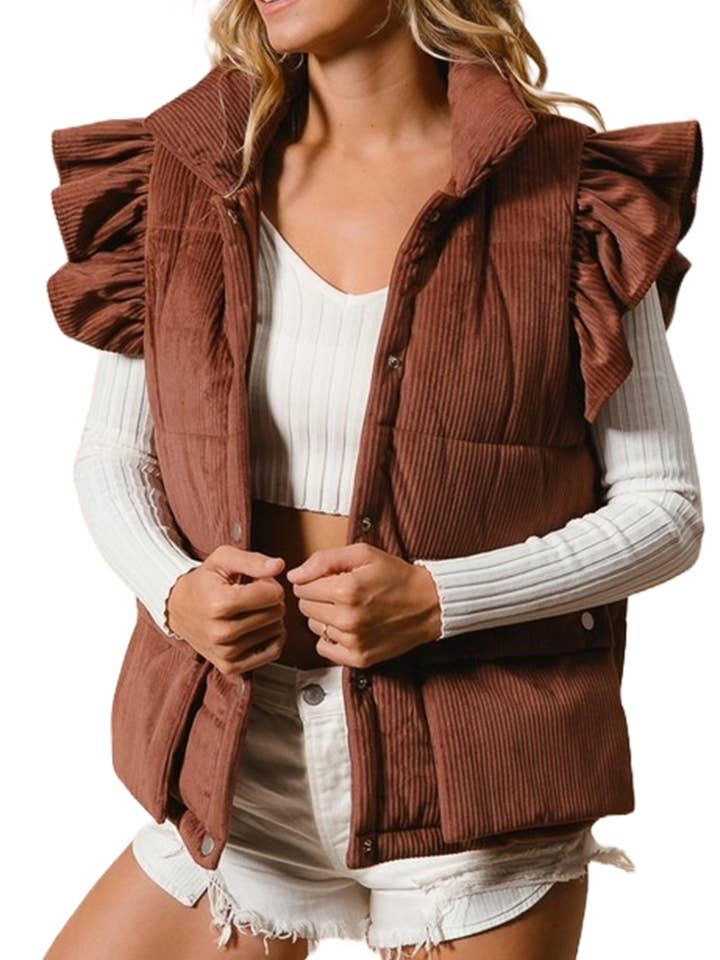 Flap Pockets Corduroy Puffer Vest for wholesale by Vanilla Monkey