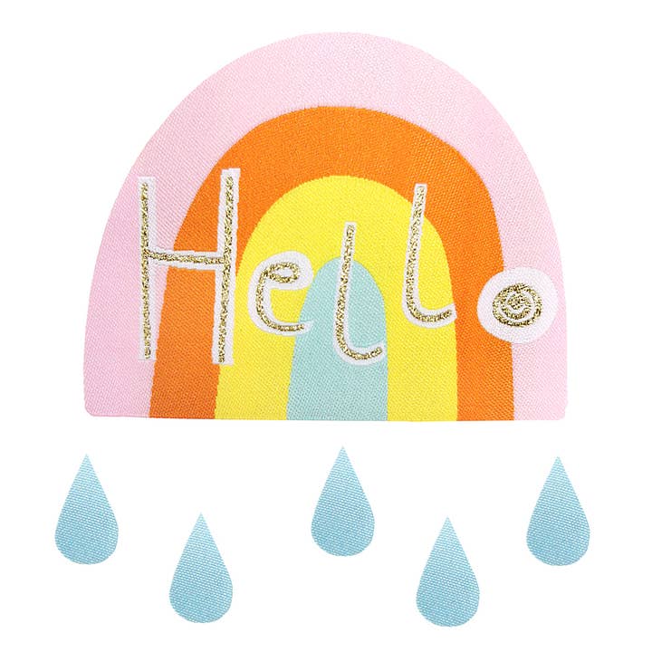 Pegatinas de tela para planchar - Arco iris «Hola» con gotas de lluvia para venta al por mayor de Fabfabstickers