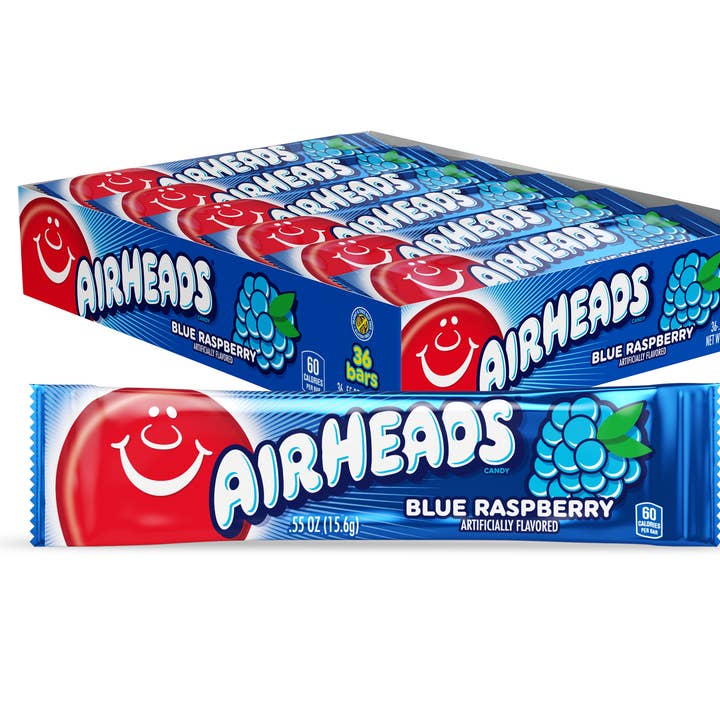 Airheads Bars Blue Raspberry, .55oz Bars, 36t Case for wholesale by Grandpa Joe's Candy Shop