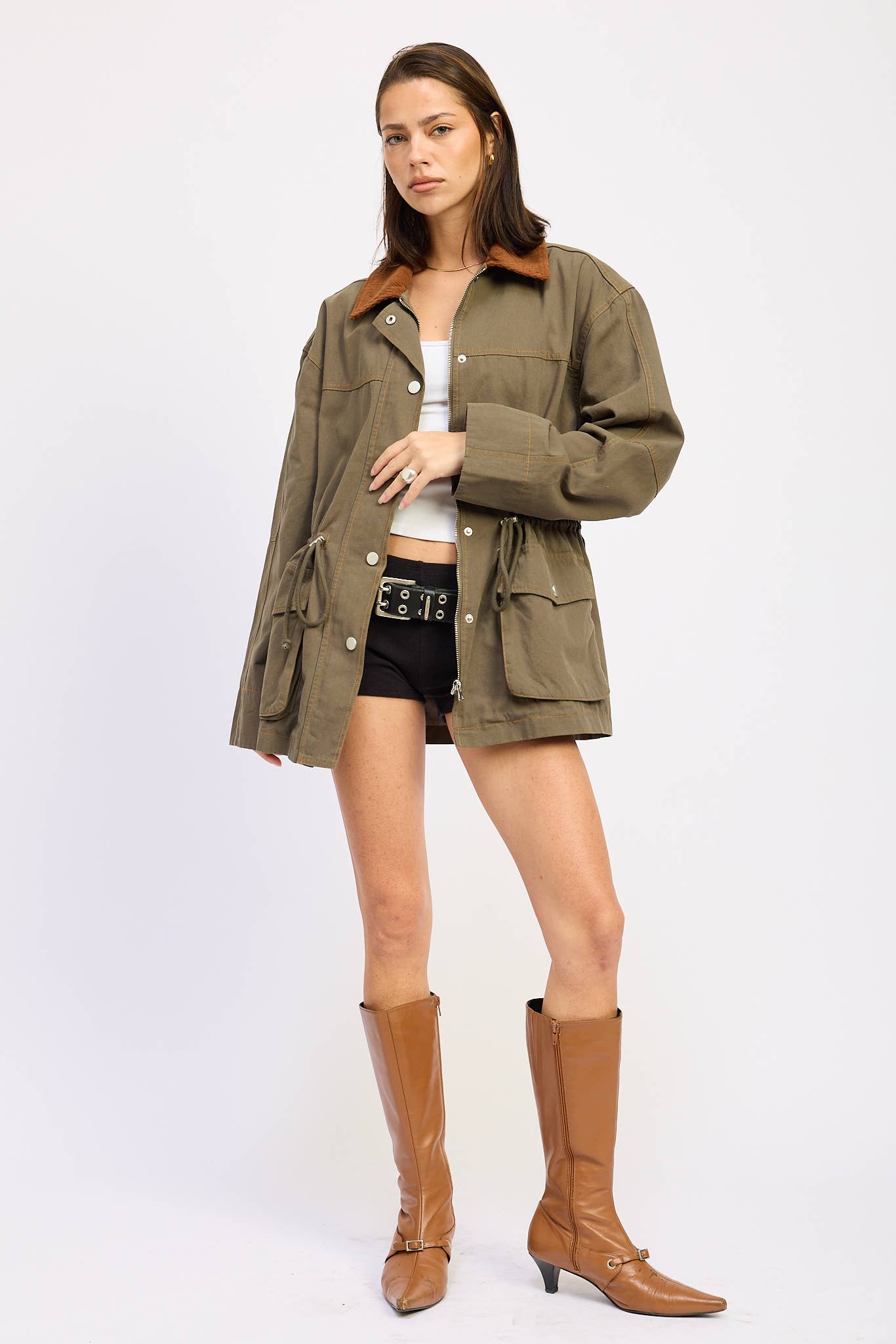 OLIVE PANELED CHORE JACKET WITH WAIST TIE for wholesale on Faire2