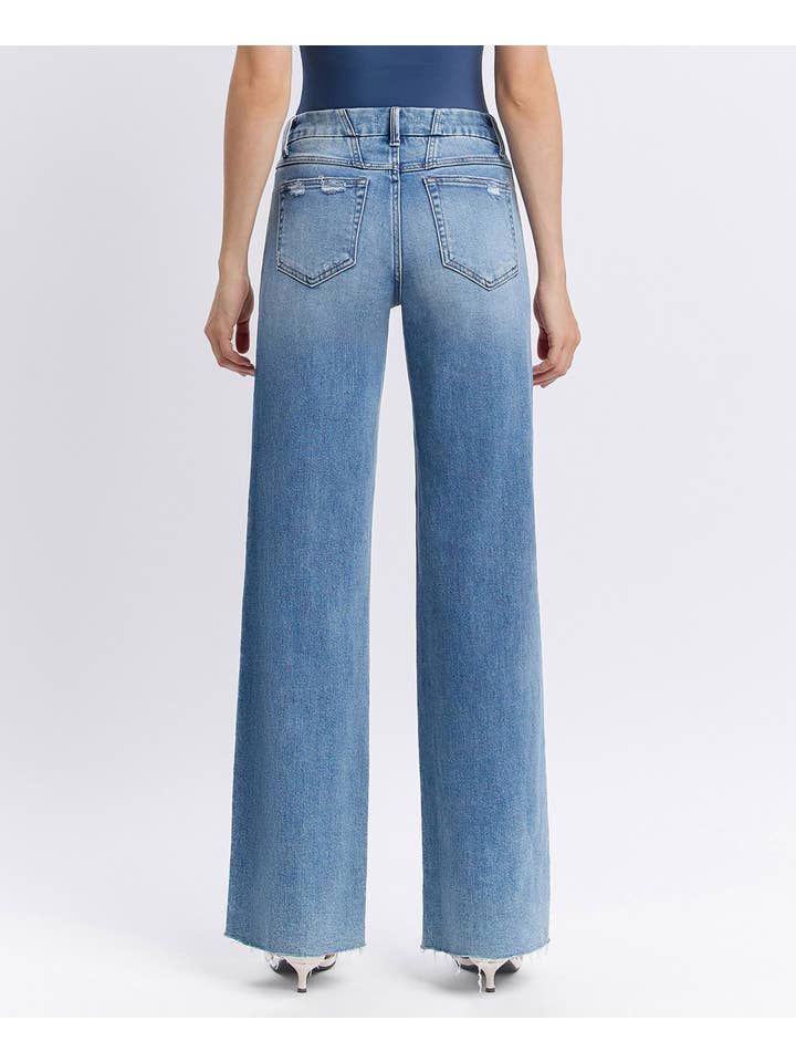 VOUCHSAFE MID RISE MEDIUM WASH CLEAN CUT RAW HEM WIDE JEANS T6017N for wholesale on Faire1