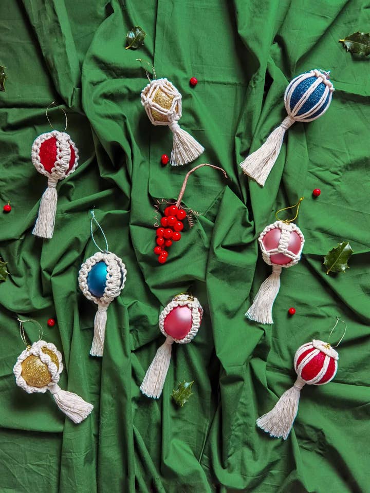 Christmas balls on macrame for wholesale by Zaumi Loop