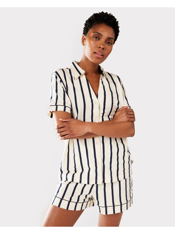 Organic Cotton Navy & Cream Stripe Print for wholesale on Faire