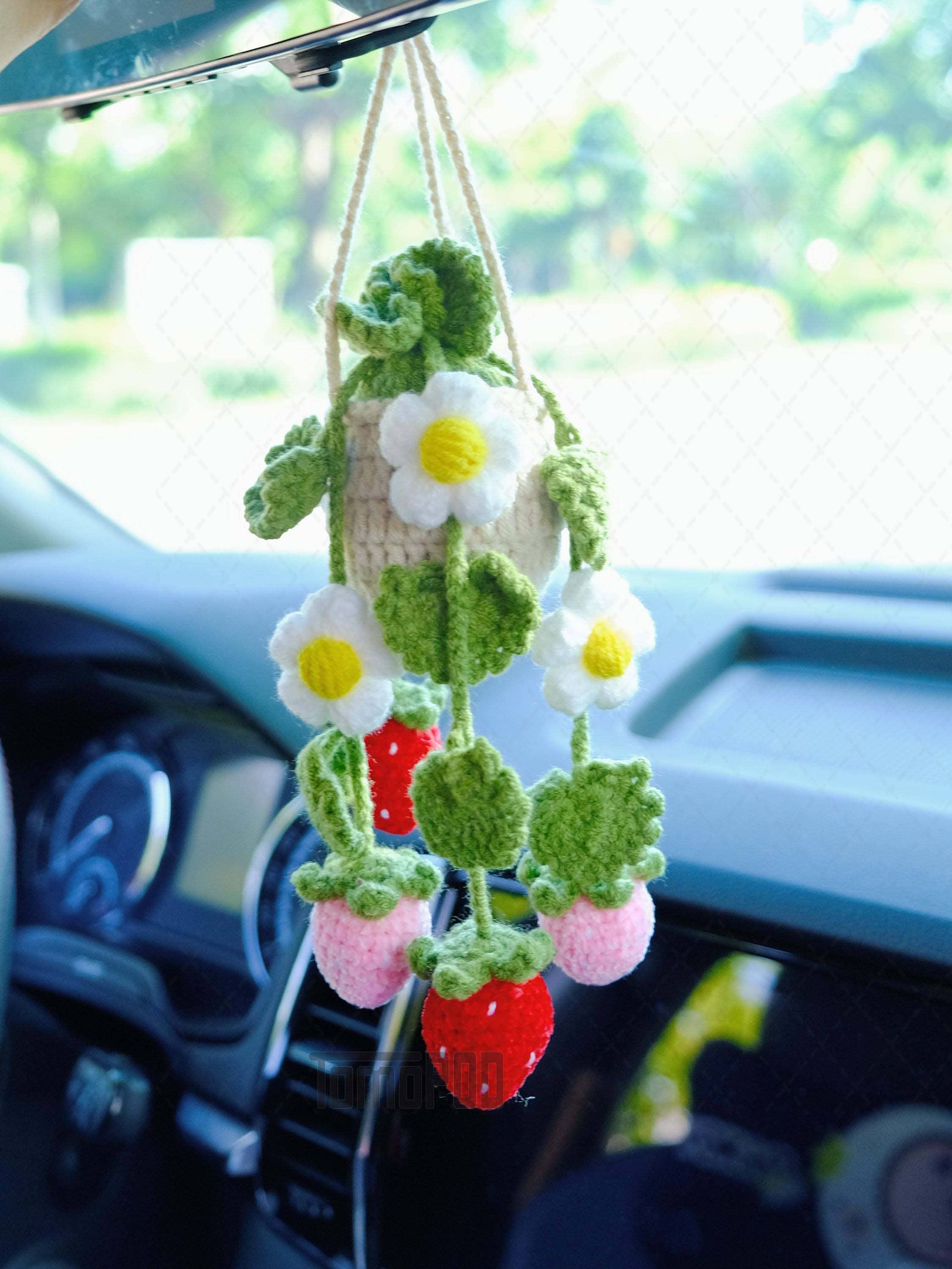 TOMOPOD LLC - Wholesale Car Decorative Charm - Unisex - Crochet Strawberry & Daisy Flower Car Mirror Hanging Plant3