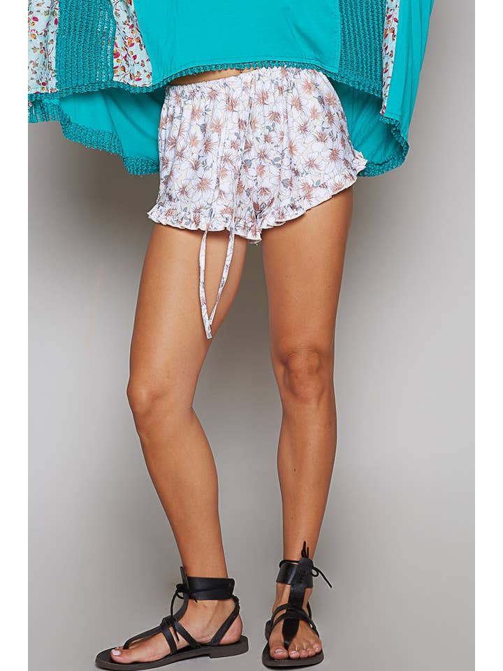 Pol Clothing - Wholesale Shorts - Women's - Floral pattern ruffle detail knit short pants