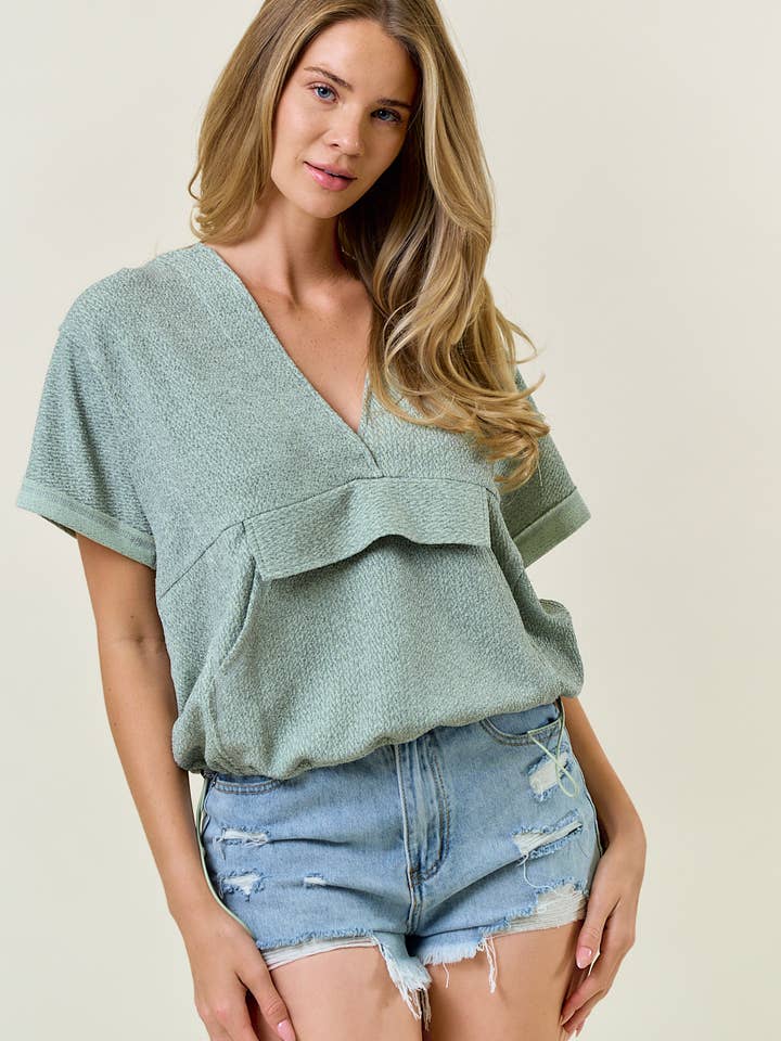Knit Notched V-Neckline Front Pouch Pocket Hoodie - 44984T for wholesale by Doe and Rae