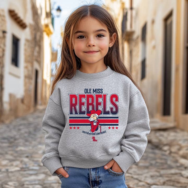 Youth Ole Miss Rebels-Inspired Crewneck Sweatshirt | Southern Game Day Style for wholesale by Pressed in Chaos