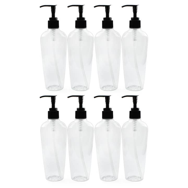 Kurated Korner – wholesale Tvåldispenser – Cornucopia 8oz ovala plastflaskor med svarta pumpar (8 st)