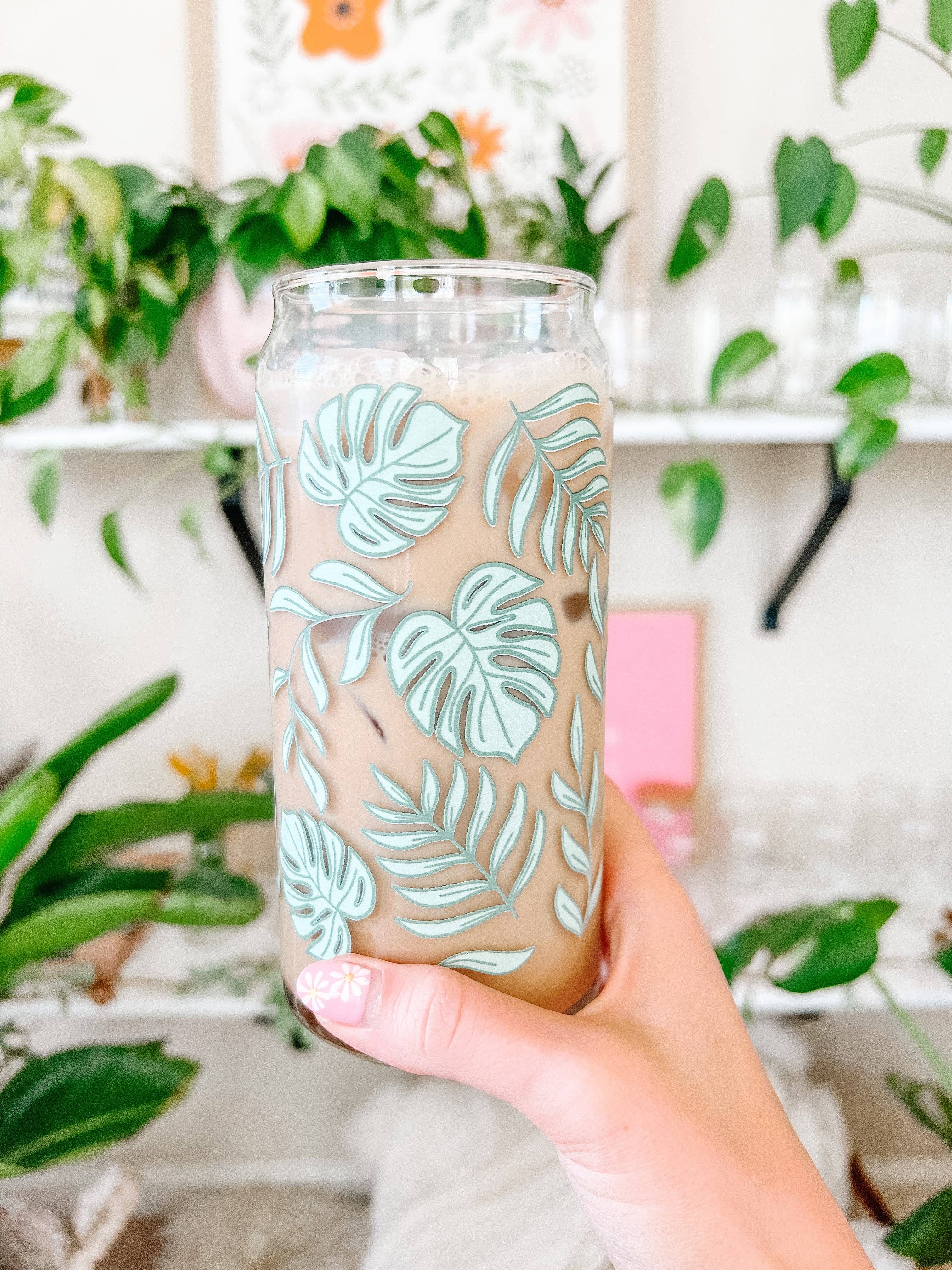 Hart and Flora Shop - Wholesale Drinking Glass/Cup - 20oz Tropical Monstera Iced Coffee Beer Can Glass2