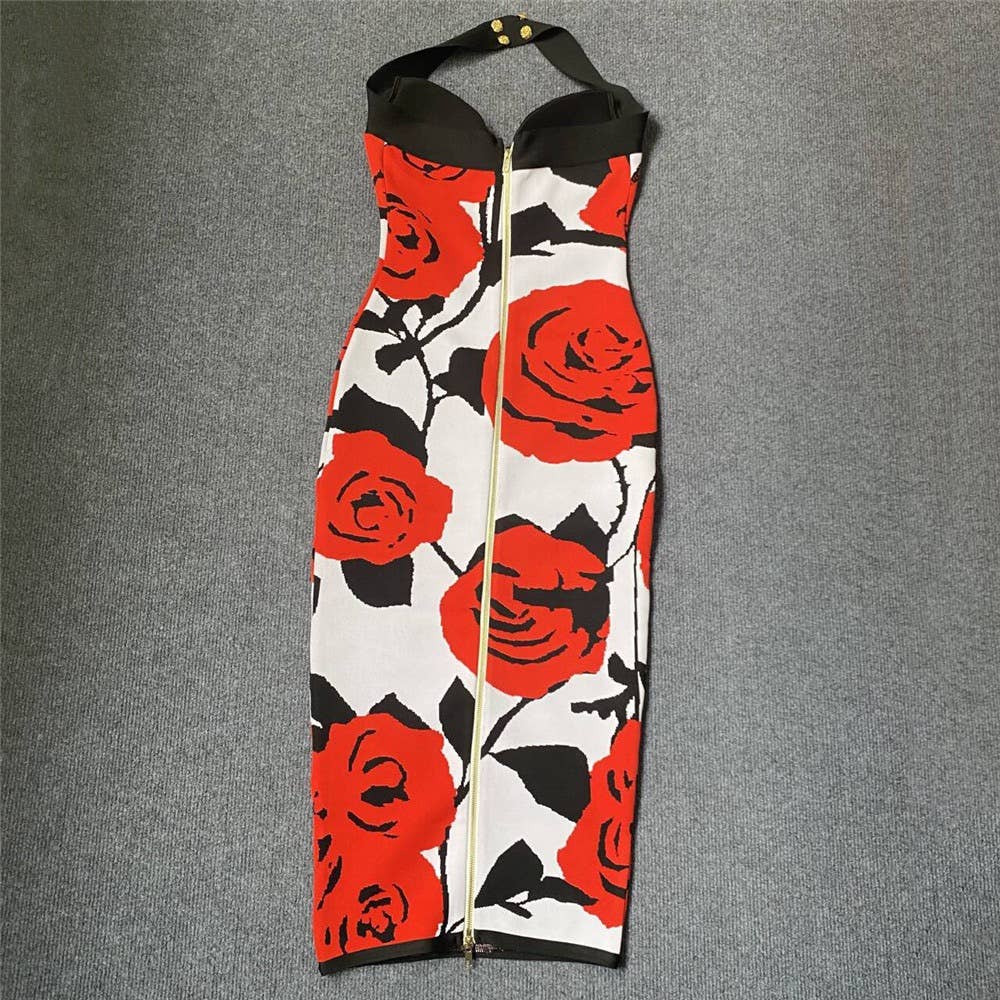 Rød DR0239 Chic Rose Jacquard halterkjole med guldknapper for engroshandel på Faire4