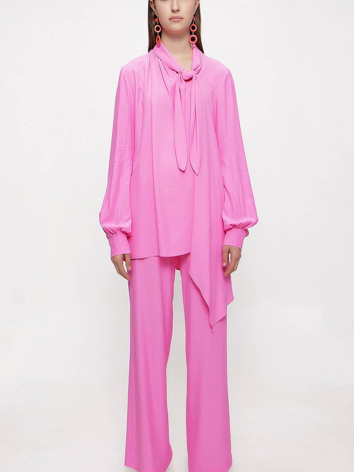 Fuchsia Tie-Neck Wide-Leg Trouser Set for wholesale by Store WF