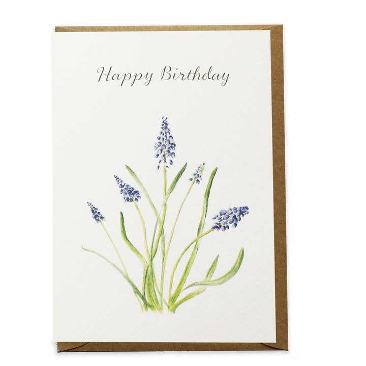 Watercolour Muscari (Grape Hyacinth) Flower Birthday Card for wholesale by CottageRts