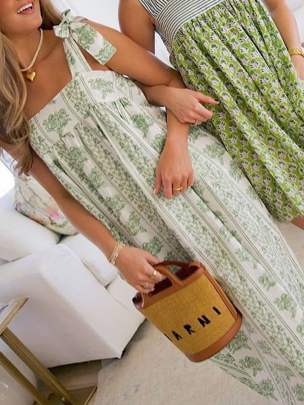 green Calista Ethnic Floral Print midi dress with bow straps for wholesale on Faire1