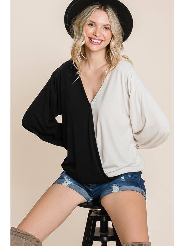 Emerald Collection - Wholesale Knit Top - Women's - ETK-8561-PL Plus Size Color Block Surplice Top