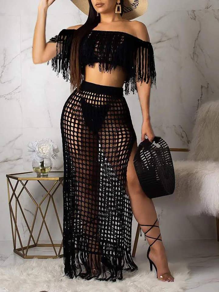 Queen Fashion off-shoulder hæklede cover-up med frynser for engroshandel hos Queen Fashion