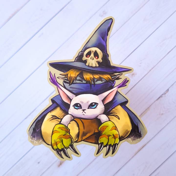 Wizardmon and Gatomon Sticker for wholesale by Teal Cicada Illustration