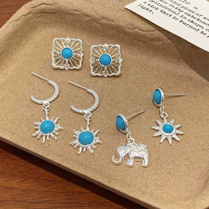 UNISHE - Wholesale Gauge/plug earrings - Vintage Sunflower Bohemian Silver Needle Earrings Set ZK37448