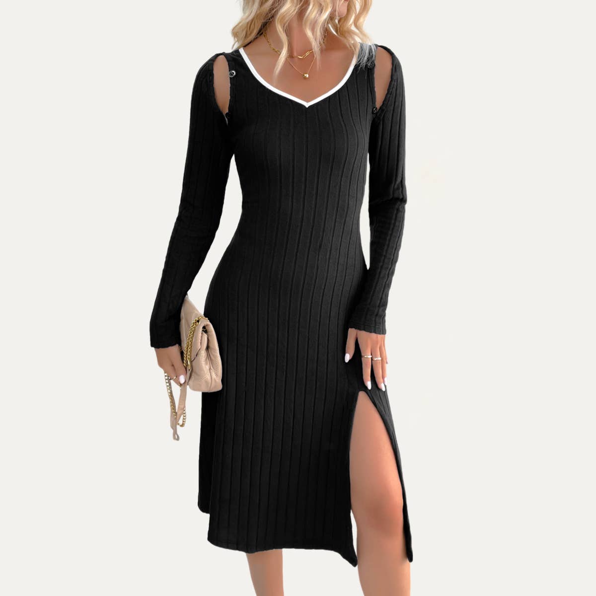 Schwarz Einzigartiges schwarzes Rippstrick-Midikleid mit abnehmbaren Ärmeln und V-Ausschnitt für den Großhandel auf Faire6