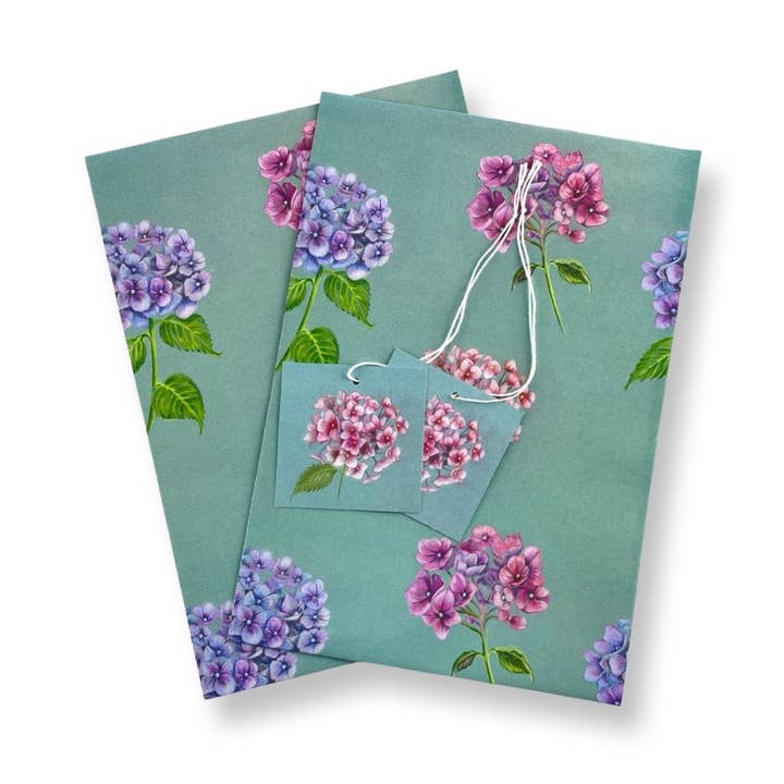 Hydrangea Floral Gift Wrap and Tags Set for wholesale by The Arty Penguin
