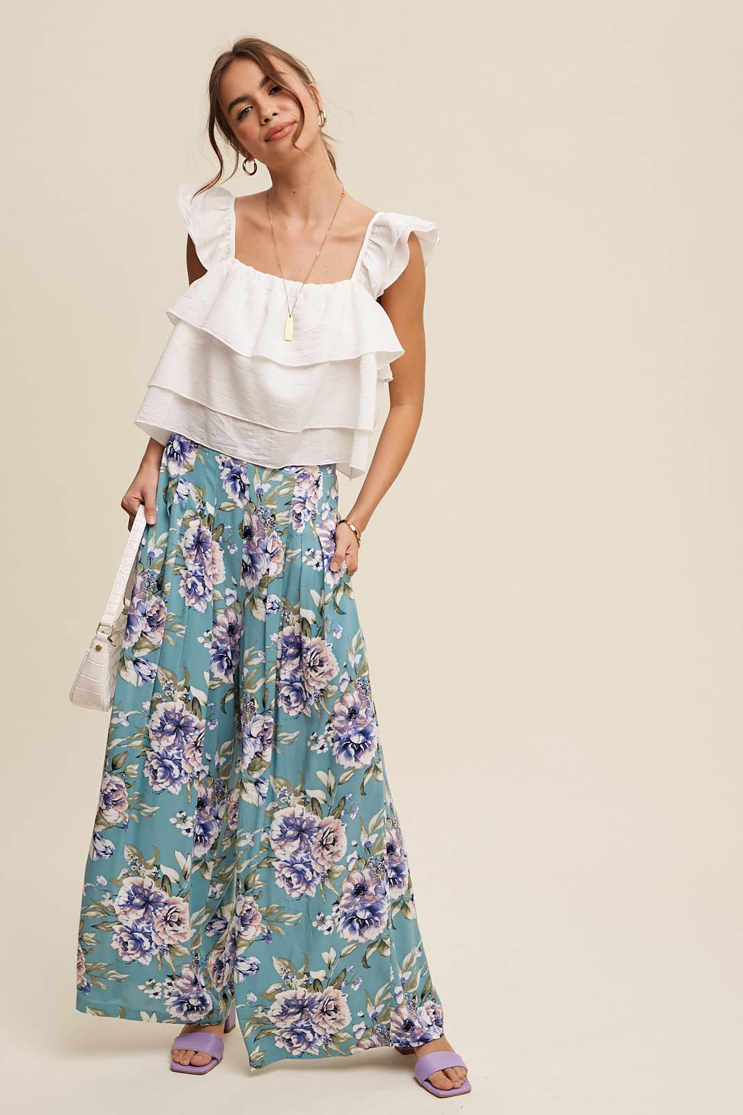 Listicle - Venta al por mayor Pantalones - Mujer - Pantalones anchos de flores con top de volantes en capas27