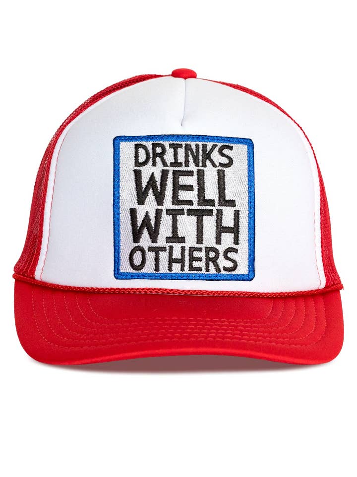Drinks Well With Others Trucker Hat in Red Split for wholesale by Friday Feelin'