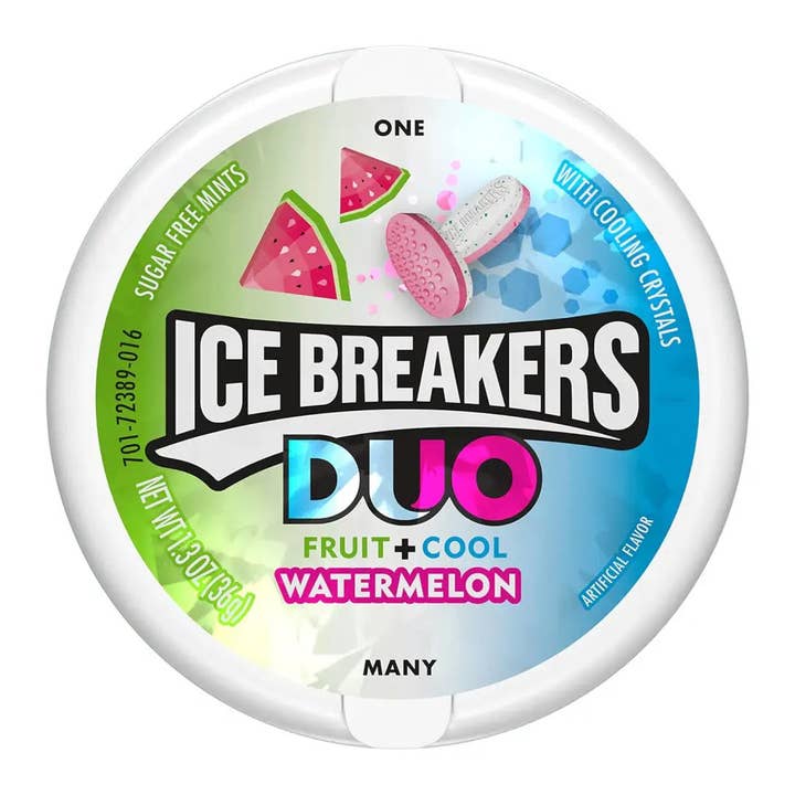 Echo Sales Canada - Wholesale Mints - ICE BREAKERS Duo Fruit Plus Cool Watermelon Sugar Free Breath Mints Tins, 1.3 oz (8 Count)