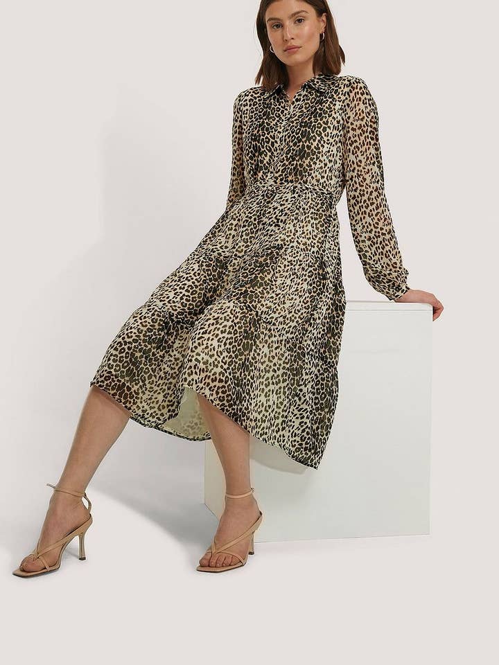 Vestido midi con volantes y estampado de leopardo para venta al por mayor de STYLE INSTANT