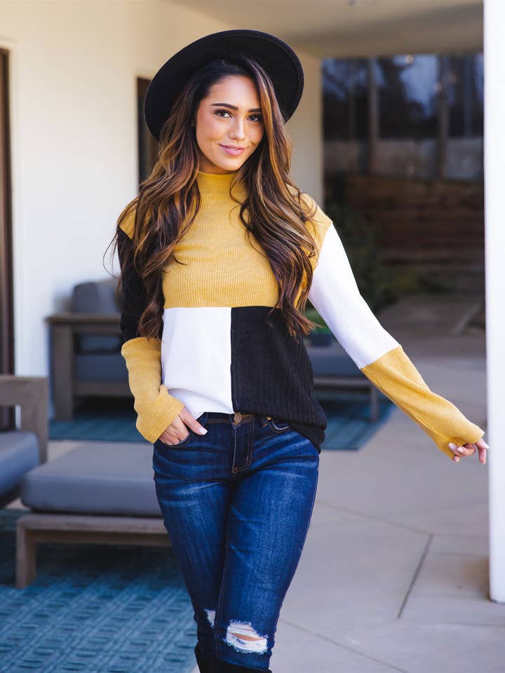 Tickled Teal - Wholesale Knit Top - Women's - Tri-color Mockneck Emrie Top8