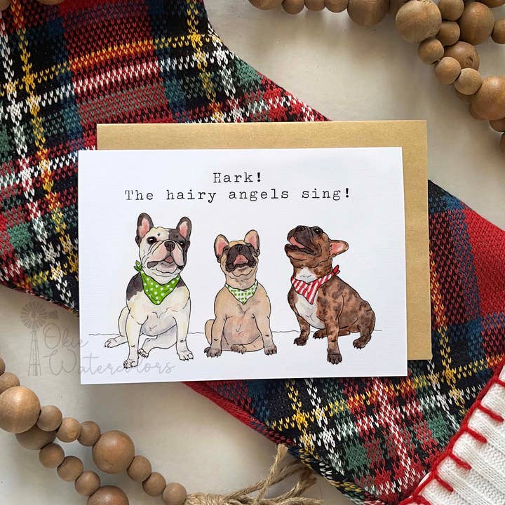 Funny Frenchie Trio Holiday Christmas Greeting Card for wholesale by Okie Watercolors