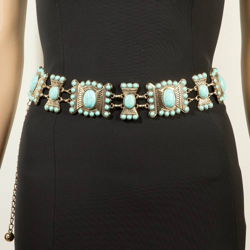 Collections by Fame Accessories - Vente Ceinture – femme - Ceinture chaîne concho occidentale en pierre turquoise1