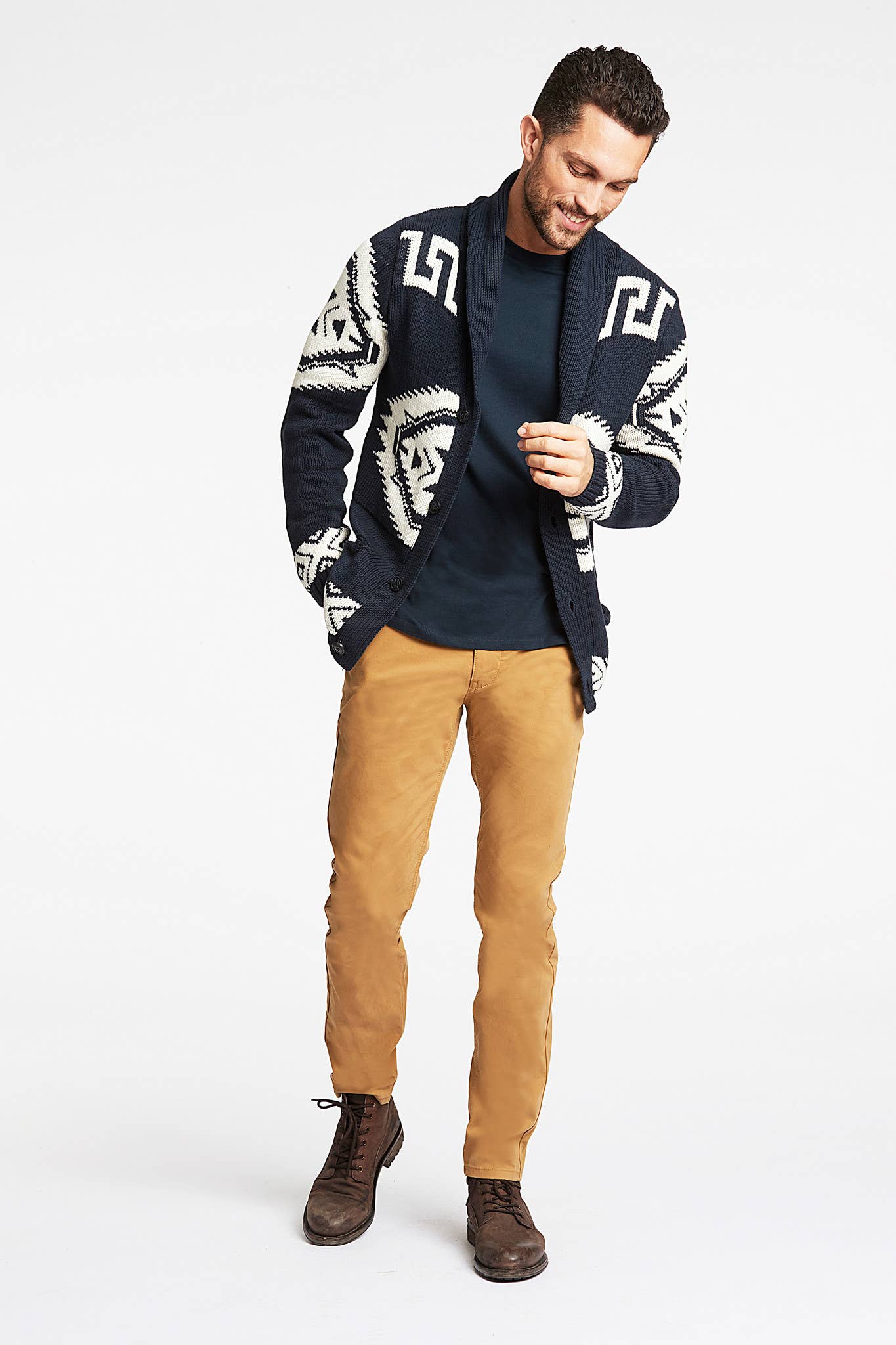 NAVY Shawl Collar Intarsia Cardigan Style: 30-827014US for wholesale on Faire4