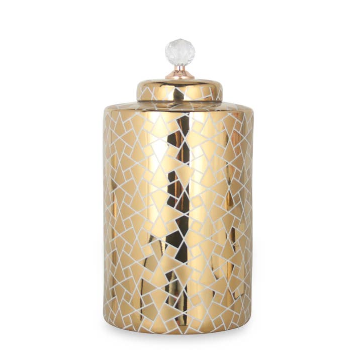 Guld Keramisk Ginger Jar Vase med Guld Geometrisk Accent for engroshandel hos Amazing Rugs