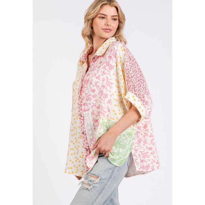 PINK MIX PATCHWORK FLORAL OVERSIZED SHIRT (ST7687) for wholesale on Faire