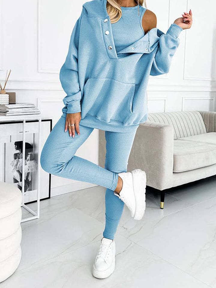 DE VAVE - Wholesale Lounge Set - Women's - Buttoned Hoodie and Tank and Leggings Set