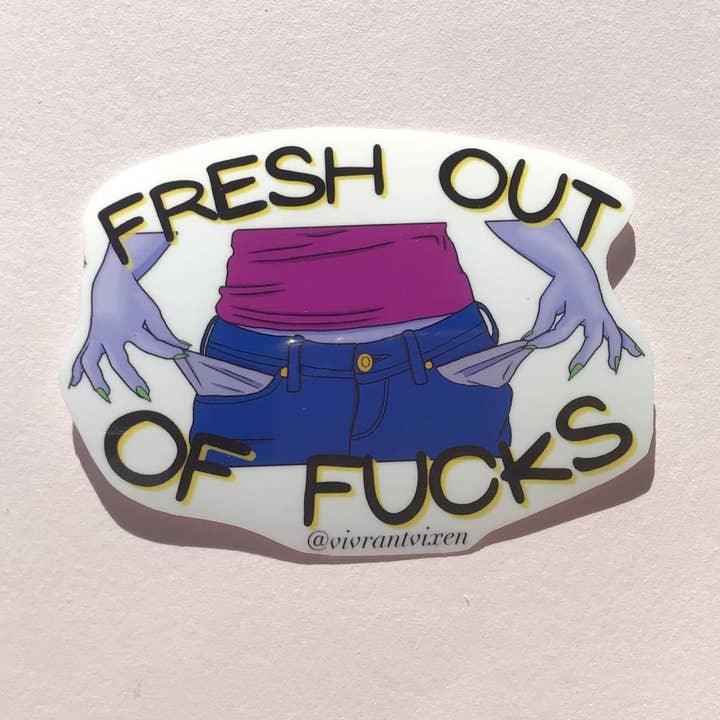 No F**cks vuxenskuren vinylklistermärke, sexpositiv konst för wholesale av Vivrant Vixen