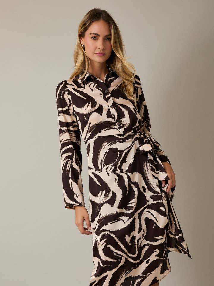 COLLAR LONG SLEEVE WAIST TIE BUTTON UP ABSTRACT MIDI DRESS for wholesale on Faire0